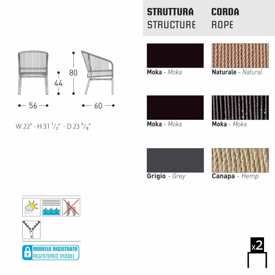 Varaschin Cricket stol med håndvævede ydre, 2 stykker Viadurini