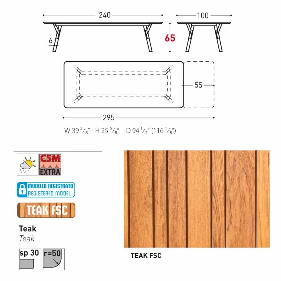 Varaschin Link bord havebord med ben af ​​teaktræ, H65 cm Viadurini