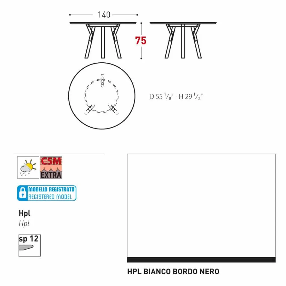 Varaschin Links Rundt bord moderne design haven, H 75 cm Viadurini