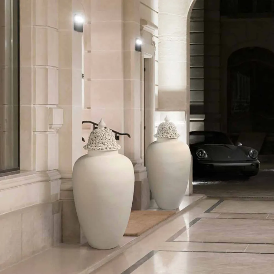Høj hvid keramisk vase med dekoreret spids Håndlavet i Italien - Verio Viadurini