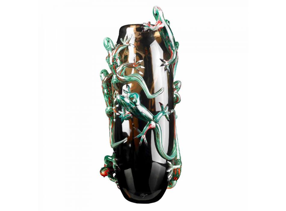 Håndlavet indendørs vase i farvet glas med gekko lavet i Italien - Geco Viadurini