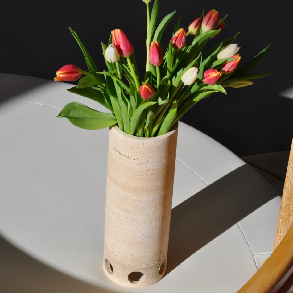 Cylindrisk vase/lysestage i satin marmor Lavet i Italien - Shoyo Viadurini