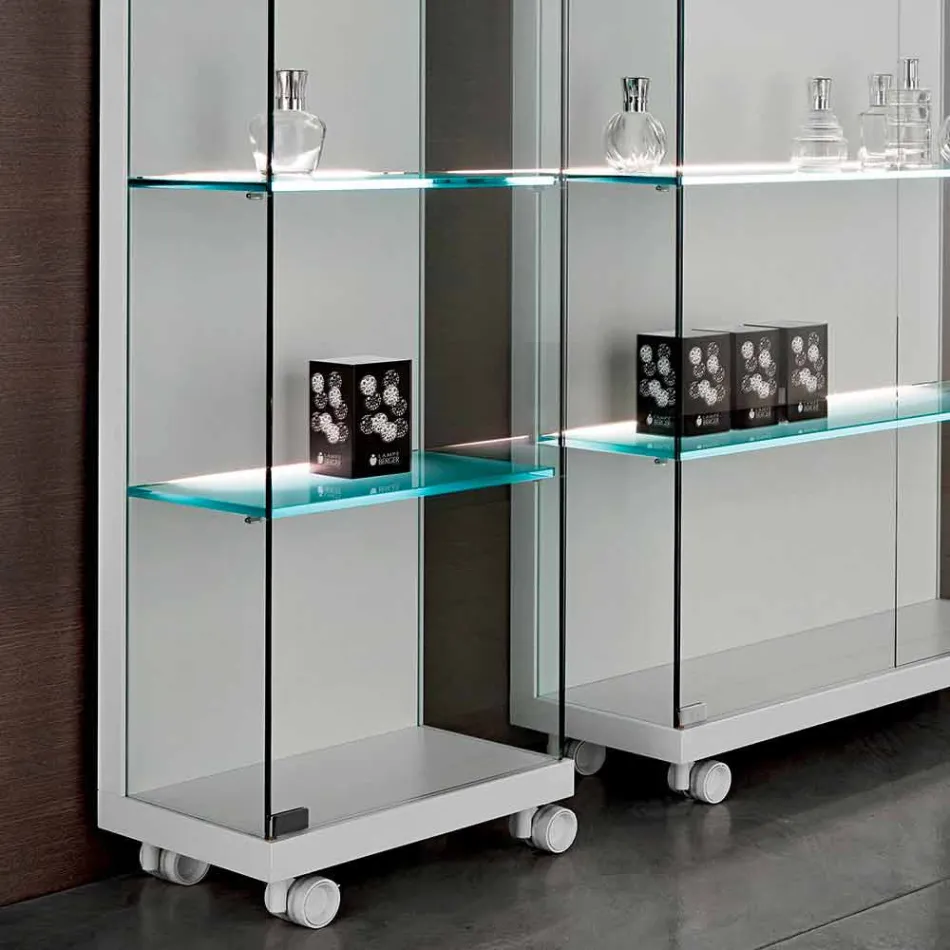 Vægudstilling i glas og hvidt træ, hjul og oplyste hylder - Armilla Viadurini