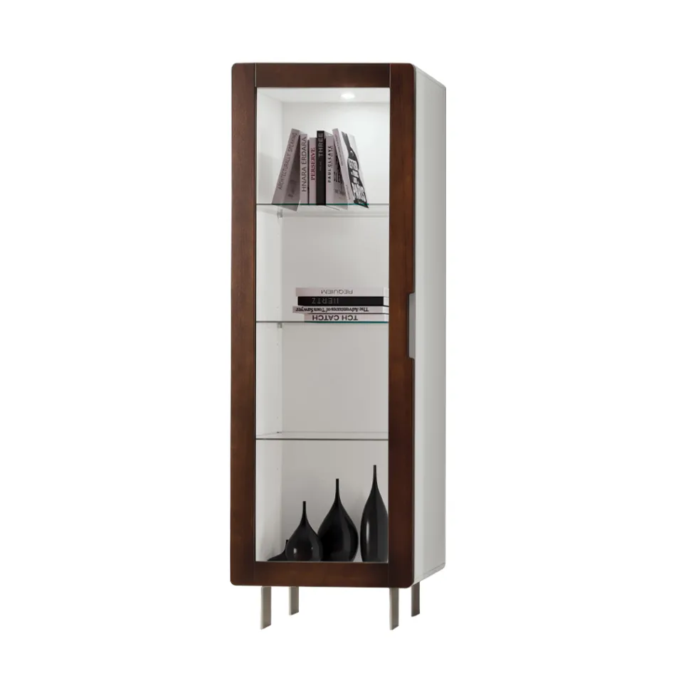 Stue Vitrine med 1 dør i hvid og Canaletto finish Made in Italy - Gerd Viadurini