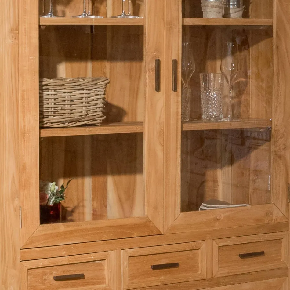 Sanda vitrineskab i massivt teaktræ med 4 døre og 3 skuffer Viadurini