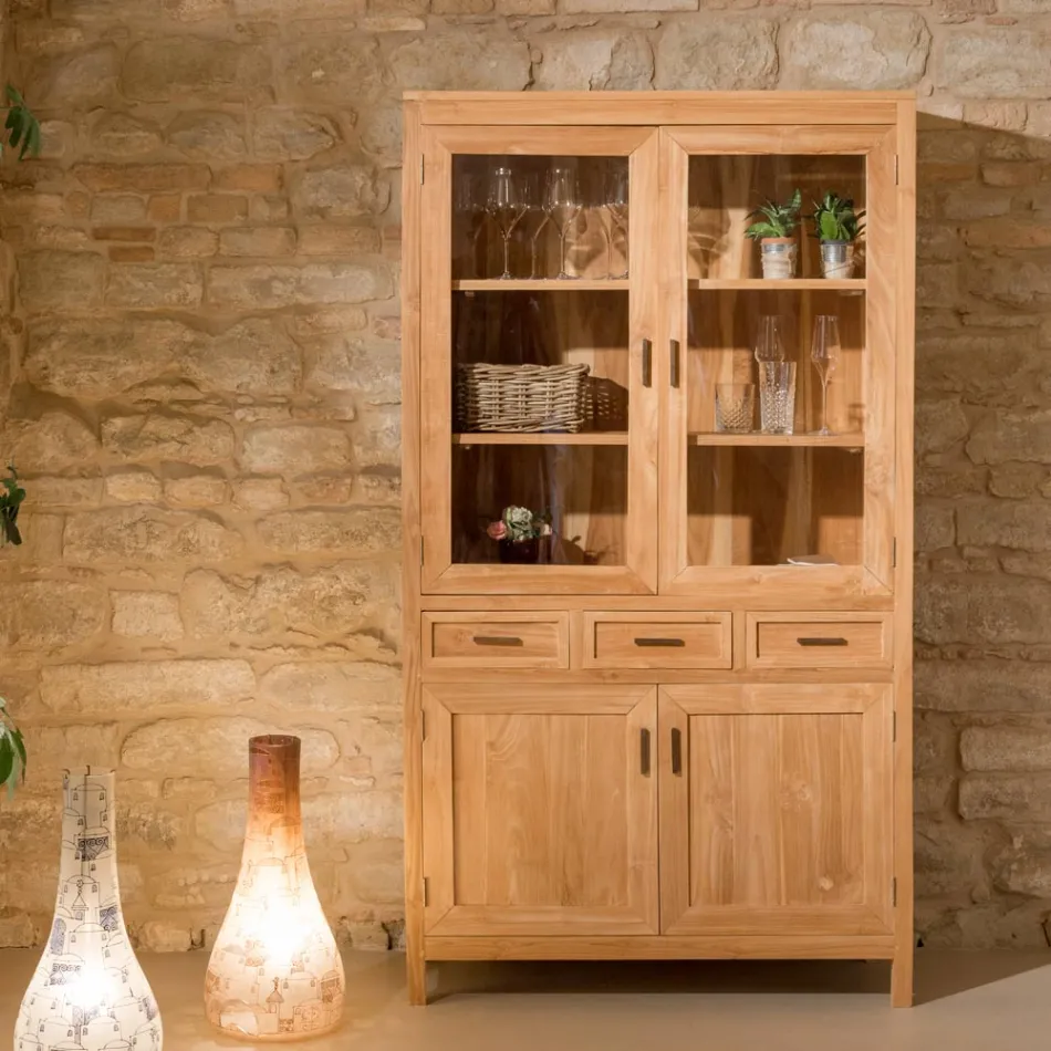 Sanda vitrineskab i massivt teaktræ med 4 døre og 3 skuffer Viadurini