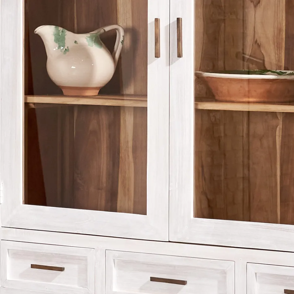 Sanda vitrineskab i massivt teaktræ med 4 døre og 3 skuffer Viadurini