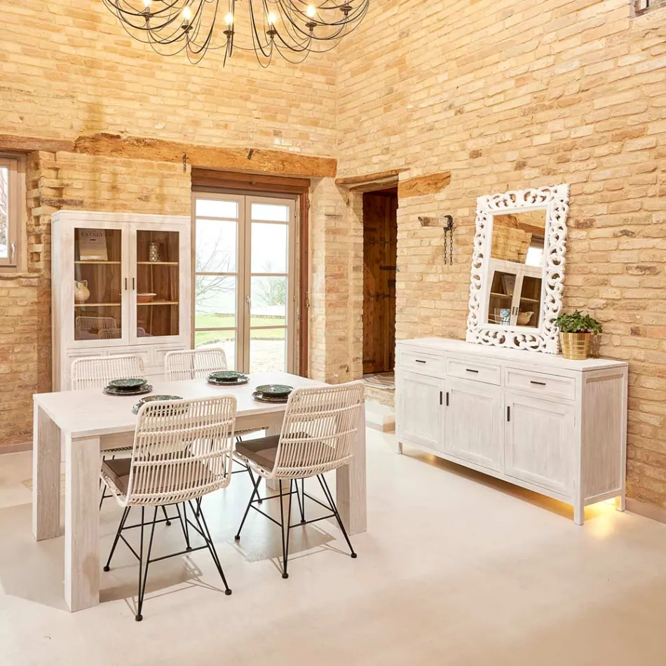 Sanda vitrineskab i massivt teaktræ med 4 døre og 3 skuffer Viadurini