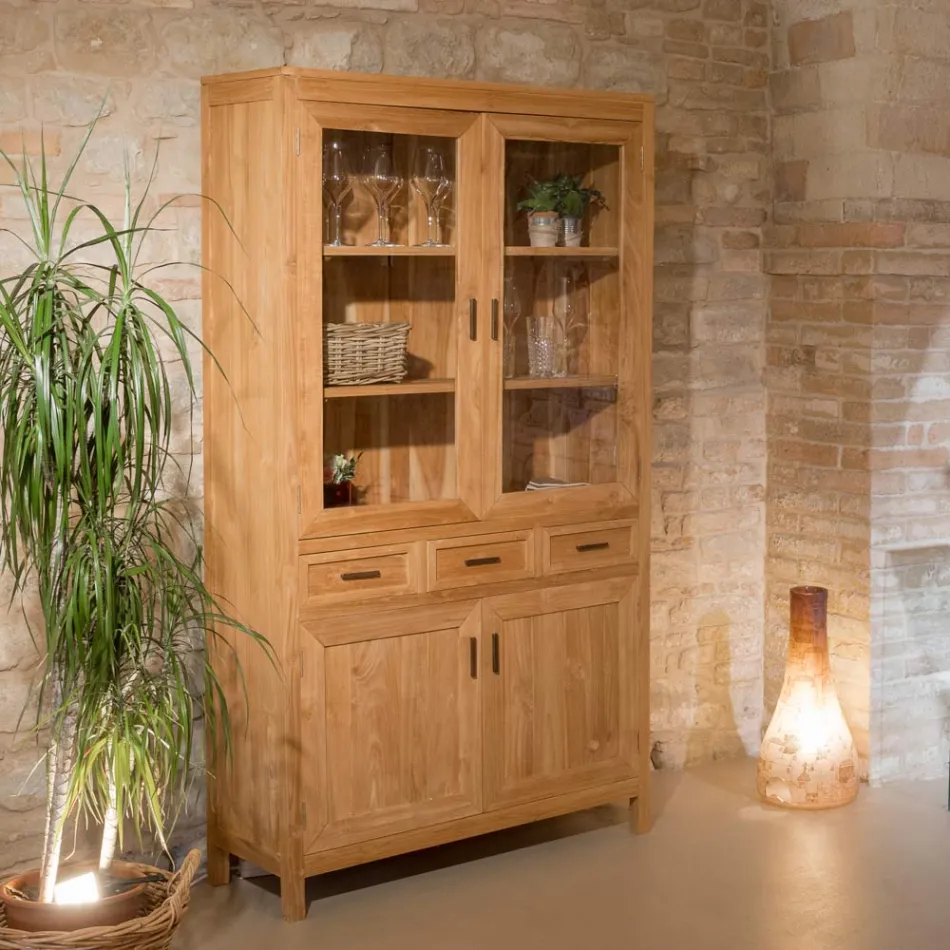 Sanda vitrineskab i massivt teaktræ med 4 døre og 3 skuffer Viadurini