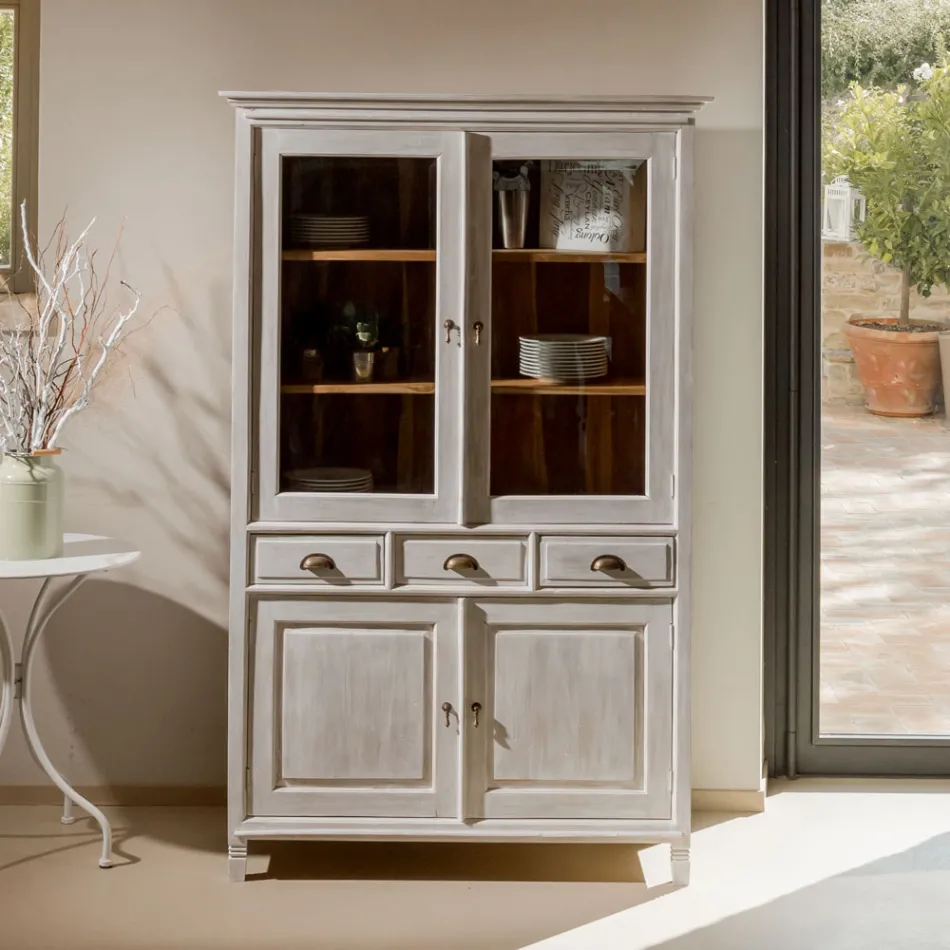 Massivt teaktræs vitrineskab med 4 døre og 3 skuffer - Aikido Viadurini