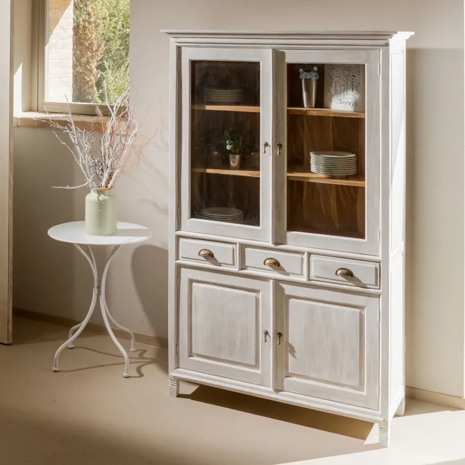 Massivt teaktræs vitrineskab med 4 døre og 3 skuffer - Aikido Viadurini