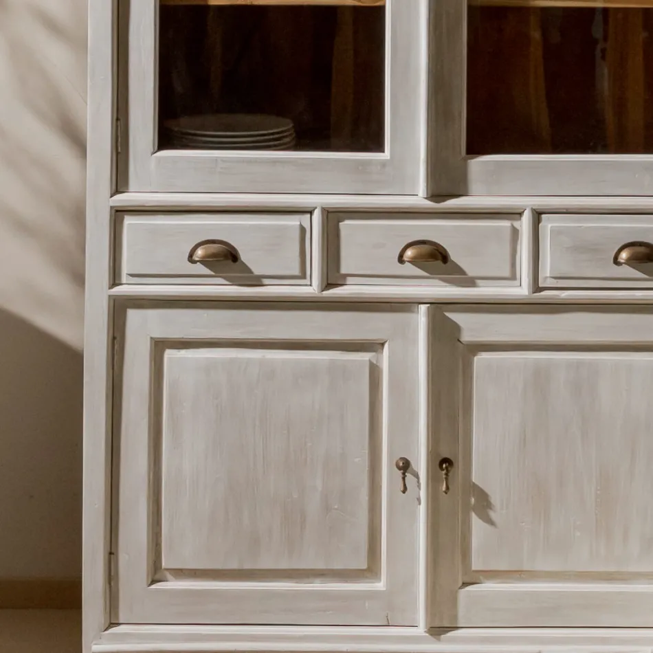 Massivt teaktræs vitrineskab med 4 døre og 3 skuffer - Aikido Viadurini