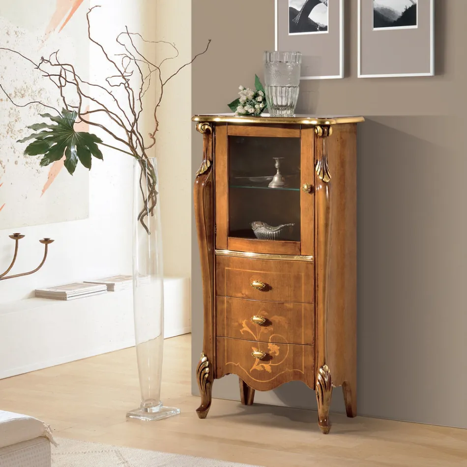 Vitrine til stue med 1 glasdør og 3 skuffer lavet i Italien - London Viadurini