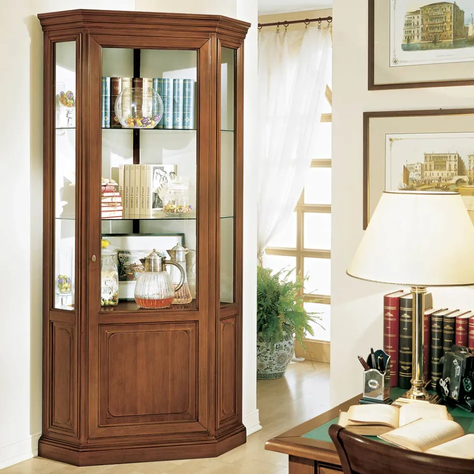 Hjørne Vitrineskab med 1 dør og 2 glashylder Fremstillet i Italien - Denka Viadurini